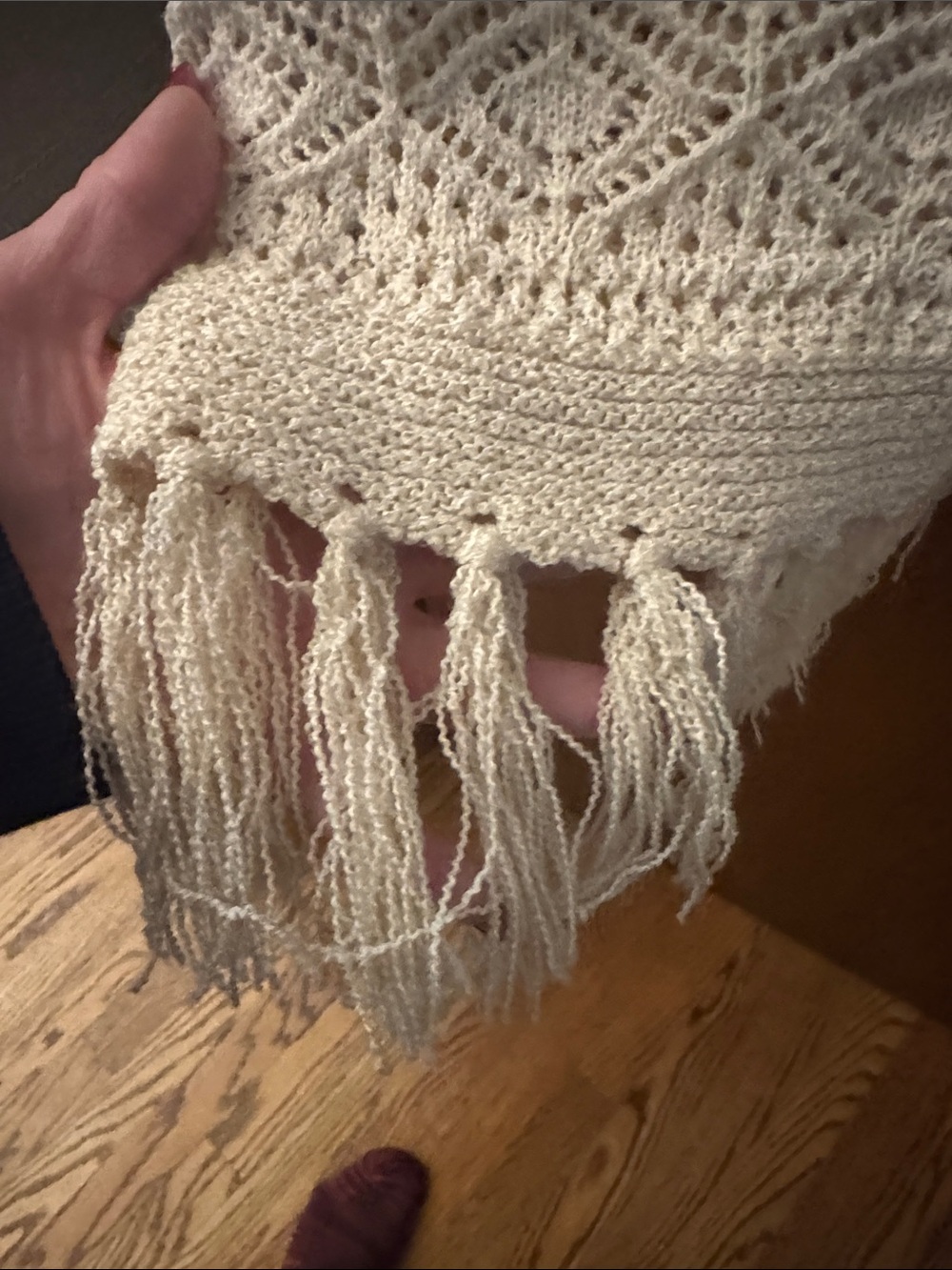 Pink Lily Cream Open-Front Crochet Fringe Cardigan Sweater - Picture 5 of 6